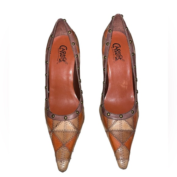 Carlos Santana Puzzled 6M 60s Style Brown Leather Patchwork Studded Pump Heels - Picture 3 of 7